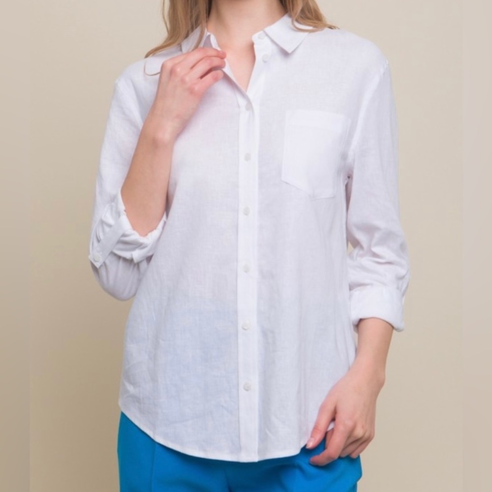 Linen Shirt Top Button Front Pocket Collar Classic Lightweight White Timeless